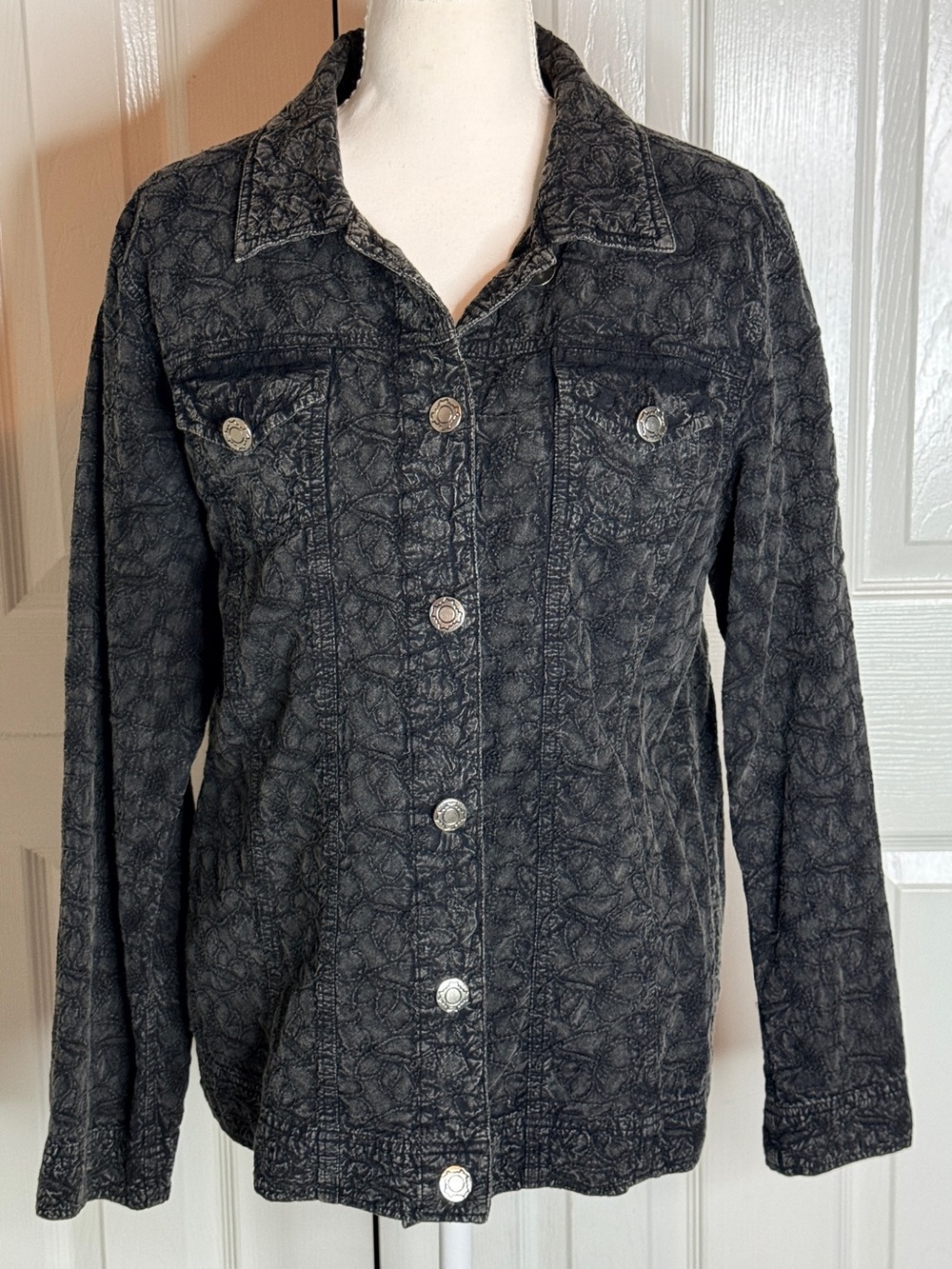 Vintage Additions by Chico’s Black Quilted Cotton Jacket Sz 1 M Textural EUC